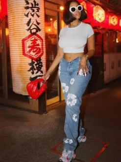 Women's Fashion Stretch Denim Fabric Flower Print Denim Trousers -Women Fashion Shop 9dfc97807352ca5e