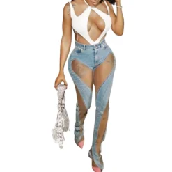 See-Through Mesh Patchwork Slit Stretch Fit Butt Lift Denim Pants -Women Fashion Shop 9e47a5896bab5f56