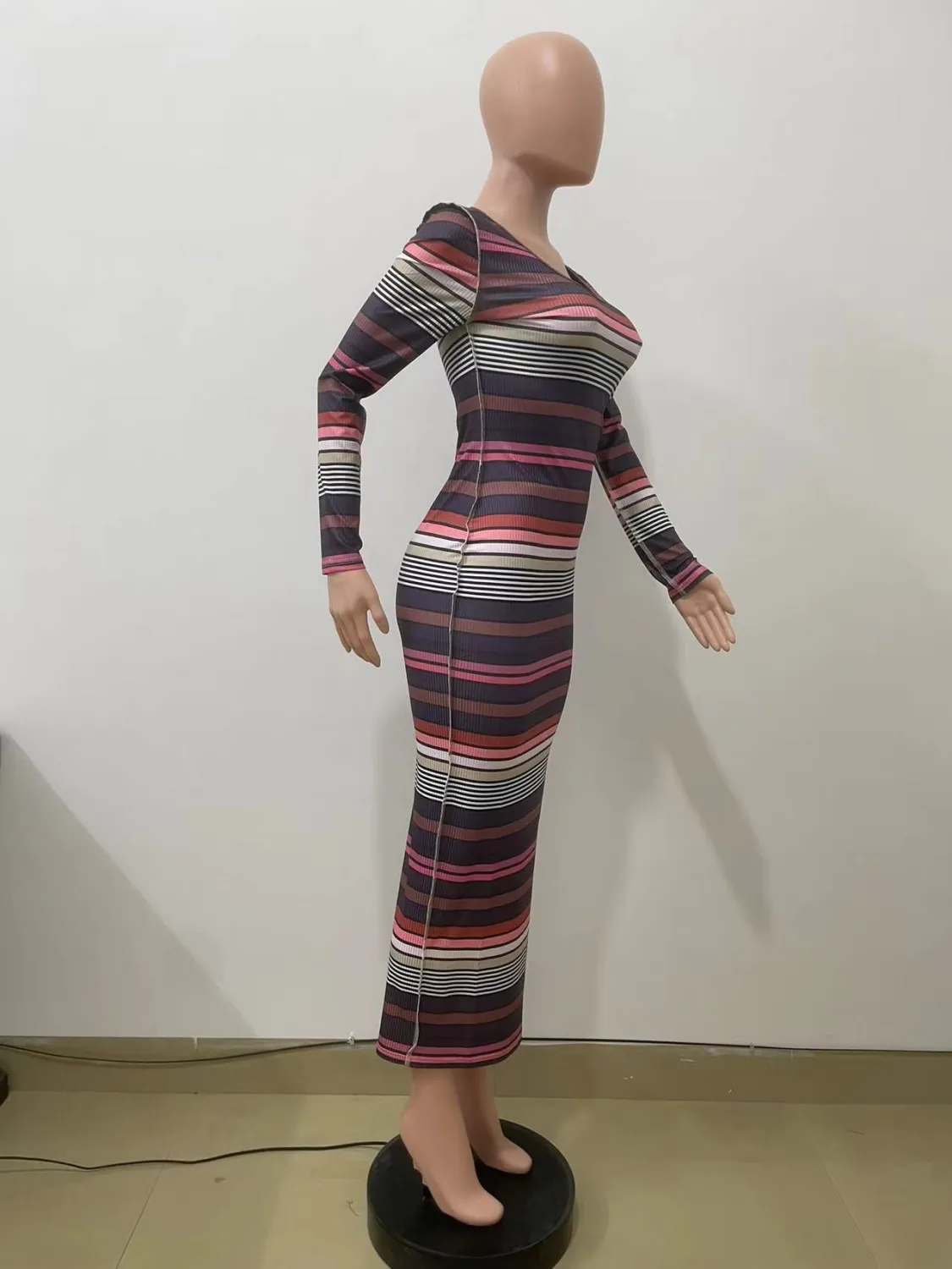 Women Ribbed Printed Stripe Round Neck Long Sleeve Dress 8 Women Ribbed Printed Stripe Round Neck Long Sleeve Dress - Image 6
