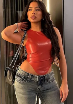 Women's Leather Simple Round Neck Sleeveless Irregular Vest Top -Women Fashion Shop a01bfdcc5d47130b