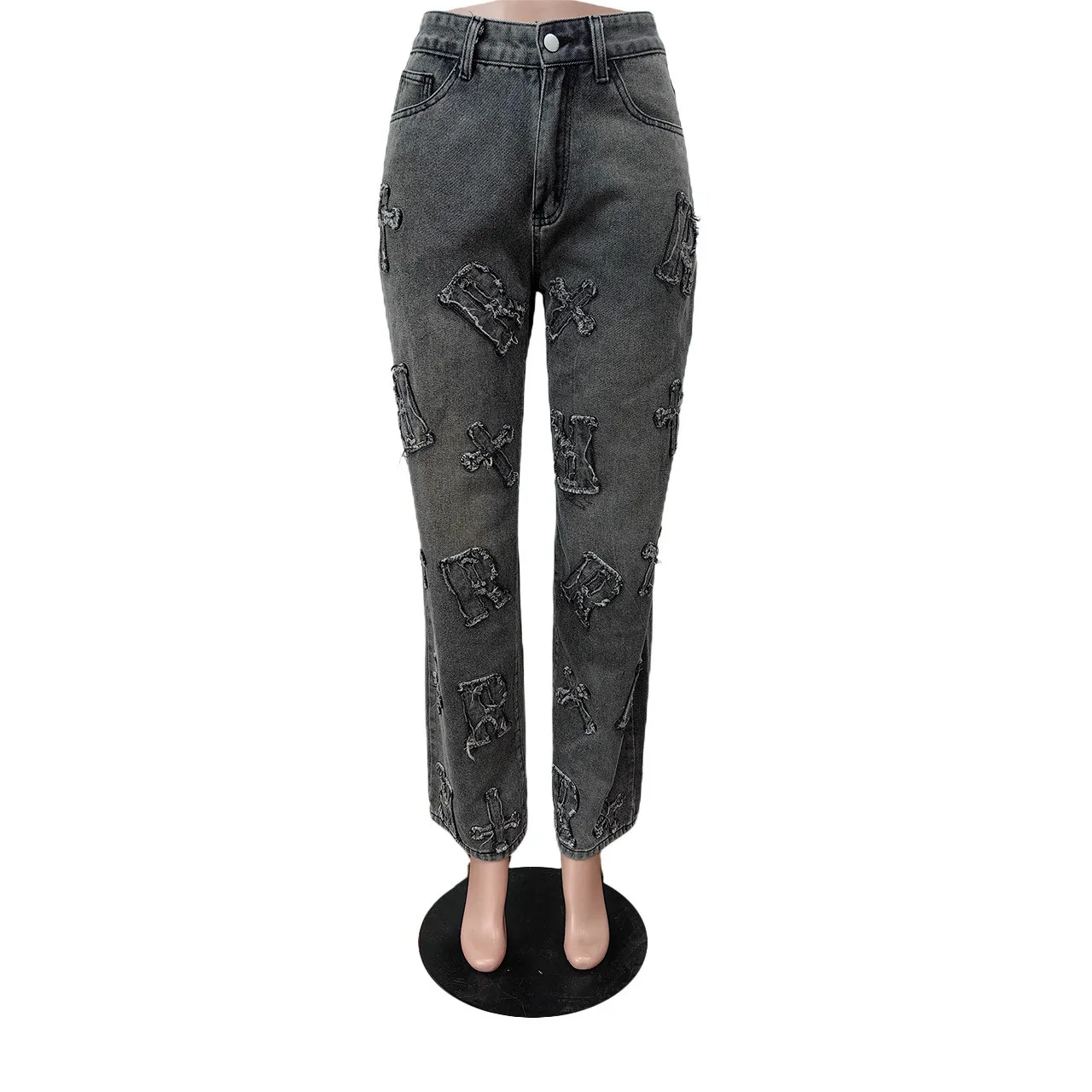 Women Casual Label Straight Denim Pants 6 Women Casual Label Straight Denim Pants - Image 4