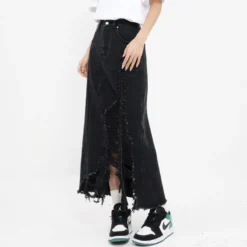 Vintage Denim Skirt Women's Fall Raw Edge Ripped Long Skirt -Women Fashion Shop a0a5ab8c4f1d4290