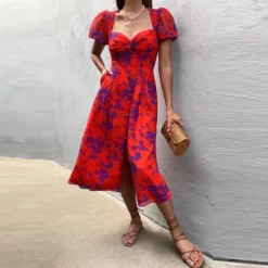 Women's Chic Career Floral Square Neck Sexy Slit Dress -Women Fashion Shop a22fa4a882d8ad7a