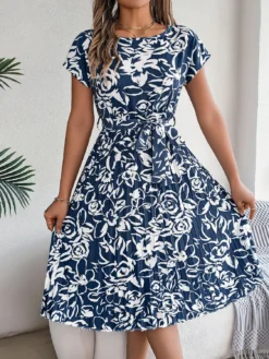 Spring Summer Elegant Floral Short-Sleeved Casual Belt Pleated Dress -Women Fashion Shop a2e67250d0c293aa