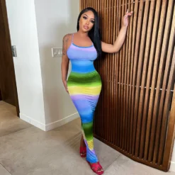 Women Clothes Rainbow Stripe Print Slit Slim Waist Strap Long Dress -Women Fashion Shop a3787111da364e01