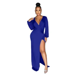 Autumn Long Sleeve V-Neck Solid Color Sexy Slit Long Dress -Women Fashion Shop a3db2db5c9008fb6