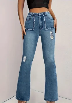 Women American Contrast Color High Waist Patchwork Raw Edge Pockets Style Denim Pants Jeans -Women Fashion Shop a41b803059bf982f