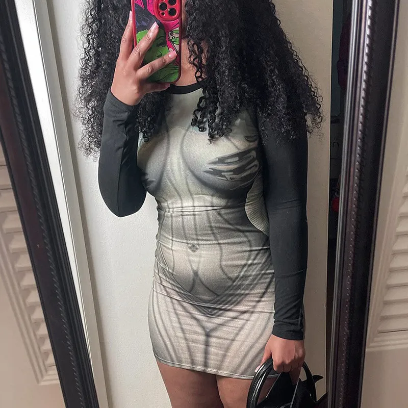 Women's Autumn Fashion Casual Print Long Sleeve Slim Round Neck Short Dress 18 Women's Autumn Fashion Casual Print Long Sleeve Slim Round Neck Short Dress - Image 16