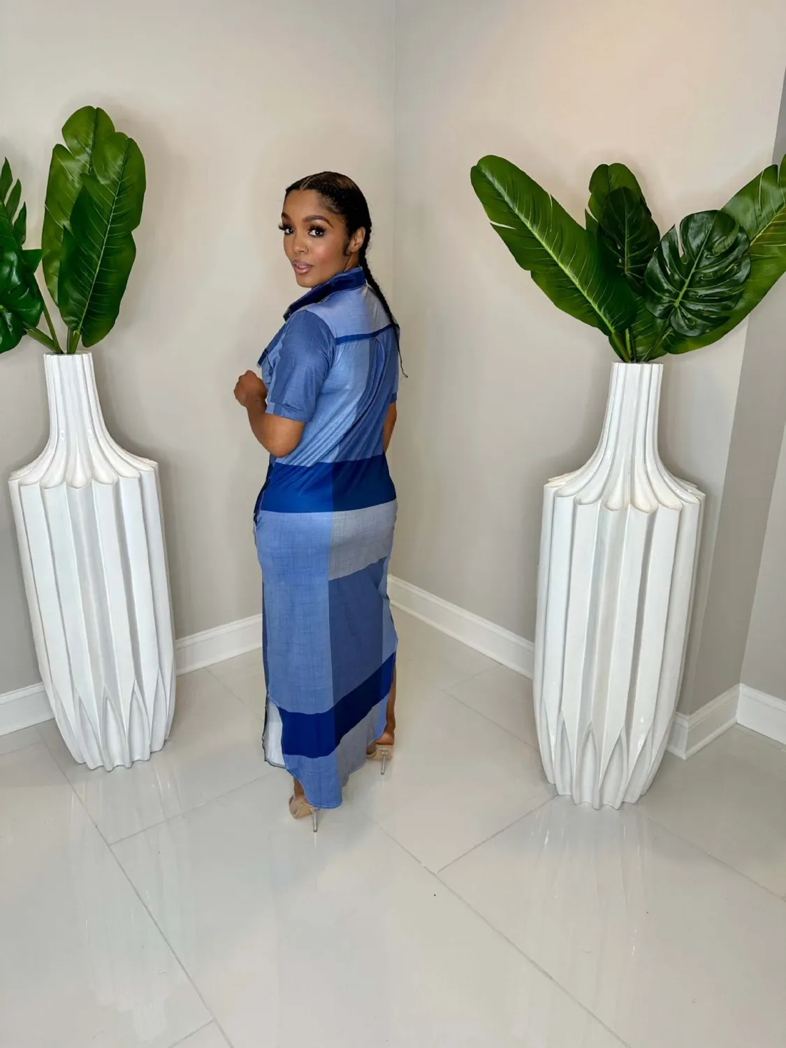 Women's Contrast Plaid Slit Button-Down Turndown Collar Shirt Dress 3 Women's Contrast Plaid Slit Button-Down Turndown Collar Shirt Dress