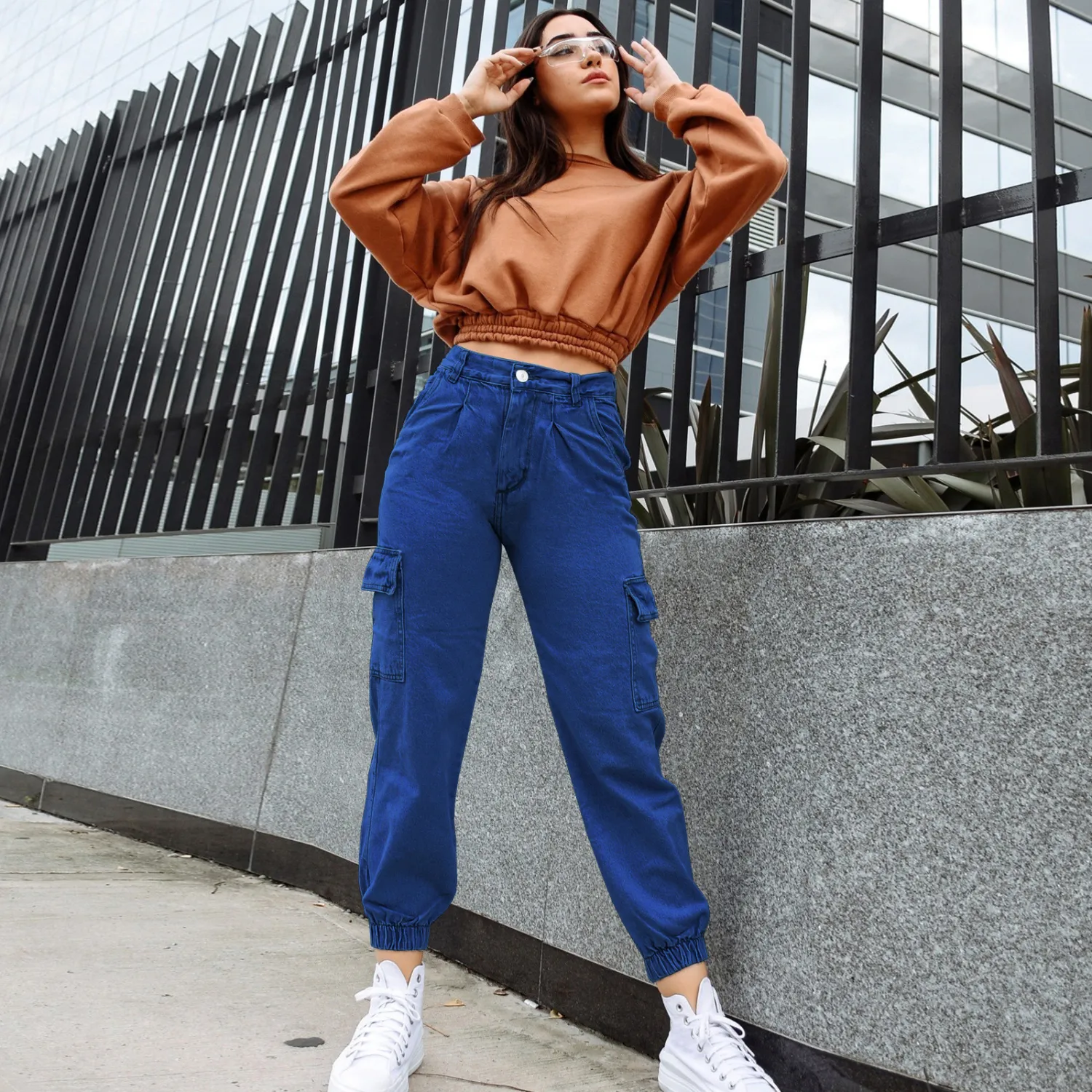 Women's Slim Fit Multi-Pocket Denim Cargo Pants 5 Women's Slim Fit Multi-Pocket Denim Cargo Pants - Image 3