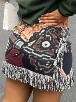 Women Autumn Casual Multi-Color Printed Tassel Mini Skirt -Women Fashion Shop a5db934276df014b