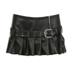 Punk Rivet Belt Slit Leather Skirt Fashion Street Sexy Low Waist A-line Pleated Skirt -Women Fashion Shop a616f7874de6ac86