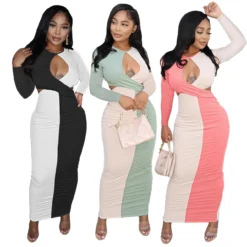 Women Sexy Colorblock Cutout Long Sleeve Long Dress -Women Fashion Shop a6393c6912306c0e