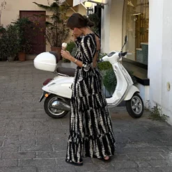 Women's Clothing 2023 New Shirring Layered Large Swing Dress Tie-dye Printing V-neck Sexy Backless Dress