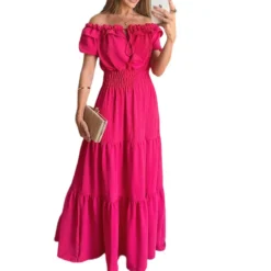Spring Women's Fashion Chic Off Shoulder Short Sleeve A-Line Long Dress -Women Fashion Shop a84426073df6a215