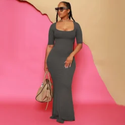 Formal Party Solid Color Square Collar A-line High Waist Slim Short-sleeved Mermaid Dress -Women Fashion Shop aa739e0c3d8f1842