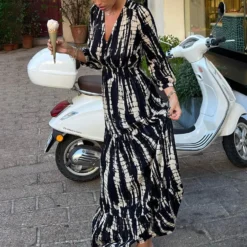 Women's Clothing 2023 New Shirring Layered Large Swing Dress Tie-dye Printing V-neck Sexy Backless Dress -Women Fashion Shop abae422819eb5f60