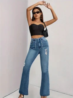 Women American Contrast Color High Waist Patchwork Raw Edge Pockets Style Denim Pants Jeans -Women Fashion Shop ac6537faad9612f3