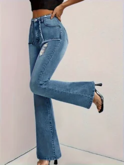 Women American Contrast Color High Waist Patchwork Raw Edge Pockets Style Denim Pants Jeans -Women Fashion Shop ac67084efa5f0a19
