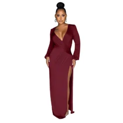 Autumn Long Sleeve V-Neck Solid Color Sexy Slit Long Dress -Women Fashion Shop ac6cf4fee55fcf29