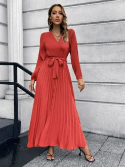Women Autumn V-Neck Long Sleeve Pleated Maxi Dress -Women Fashion Shop acc551a6b86e1387