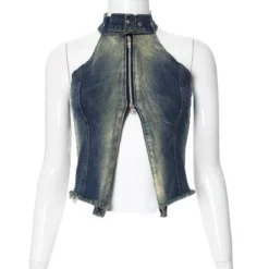 Women Sleeveless Halter Neck Backless Denim Tank Top -Women Fashion Shop ad1787648d64dd07