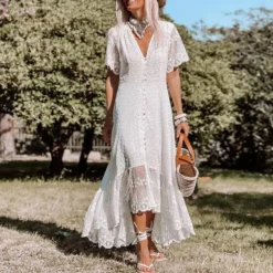 Women's V-neck Slim Dress Casual Mid-length Swing Loose Long Dress -Women Fashion Shop ad838bb4f3b359e8