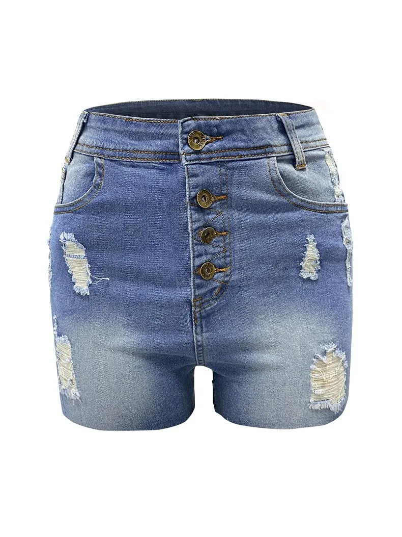 Single Breasted Slim Fit Ripped Women's High Waist Denim Shorts 6 Single Breasted Slim Fit Ripped Women's High Waist Denim Shorts - Image 4