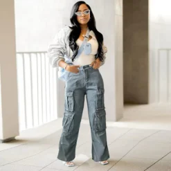 Pocket Cargo Washed Denim Pants Wide Leg Women Jeans -Women Fashion Shop adde9647c30b78b5