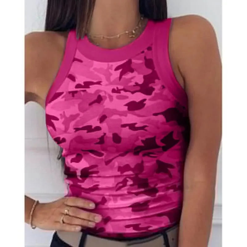 Women Round Neck Camo Print Sleeveless Top 3 Women Round Neck Camo Print Sleeveless Top