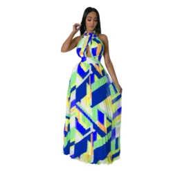 Women Halter Neck Backless Pleated Print Sleeveless Dress -Women Fashion Shop ae46b8e0a883c758
