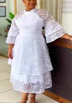 Mesh Lace Bell Bottom Sleeve High Waist Round Neck Women's Dress Evening Gown -Women Fashion Shop ae64e6f2de341821