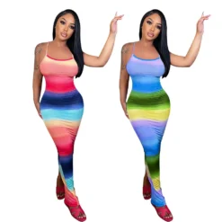 Women Clothes Rainbow Stripe Print Slit Slim Waist Strap Long Dress -Women Fashion Shop af3f2e5c0fa0fcd2