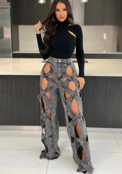 Women's Stretch Denim Pants Twist Hollow Loose Straight Jeans -Women Fashion Shop af64f46e49a2c561