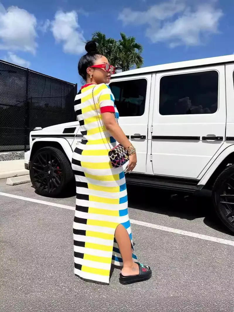 Women Round Neck Short Sleeve Slit Patchwork Striped Dress 4 Women Round Neck Short Sleeve Slit Patchwork Striped Dress - Image 2