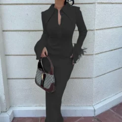 Women Turndown Collar Long Sleeve Feather Maxi Dress -Women Fashion Shop aff8efb2e026daa3