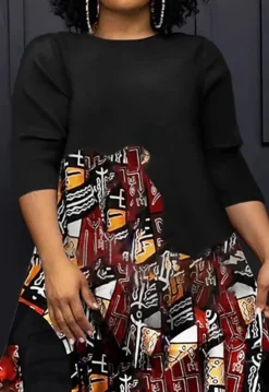 Women Round Neck Casual Contrast Print Dress -Women Fashion Shop affac02f1d9a1895