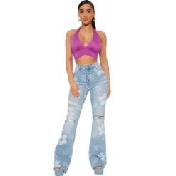 Women Trend Print Stretch Bell Bottom Denim Pants -Women Fashion Shop b0146c6b7b237d66