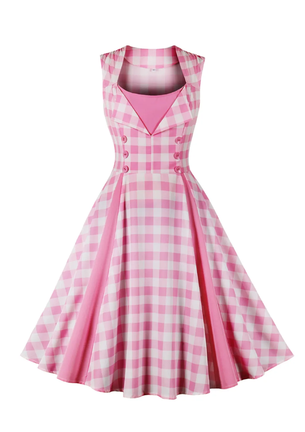 Women's Slim Waist Patchwork Sleeveless Pink Plaid Vintage A-Line Swing Dress 9 Women's Slim Waist Patchwork Sleeveless Pink Plaid Vintage A-Line Swing Dress - Image 7