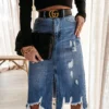 Spring Summer Women's High Waist Front Slit Denim Long Skirt -Women Fashion Shop b02f409a0854f246