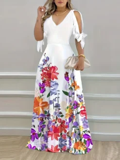 Women Spring And Summer Off-shoulder Short-sleeved V Neck Print Dress -Women Fashion Shop b1d9c7bd9cdfd065