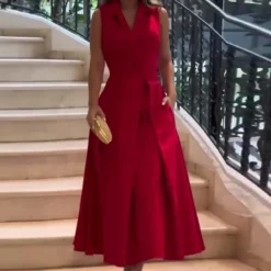 Women Autumn Solid Turndown Collar Pleated Sleeveless Dress -Women Fashion Shop b2469d988908245f