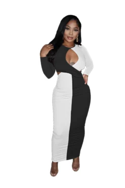 Women Sexy Colorblock Cutout Long Sleeve Long Dress -Women Fashion Shop b49d7eb1faa025b4