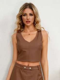 Chic Pu Leather Sleeveless Vest Slim Fit Women's Top -Women Fashion Shop b58a9537fb290414
