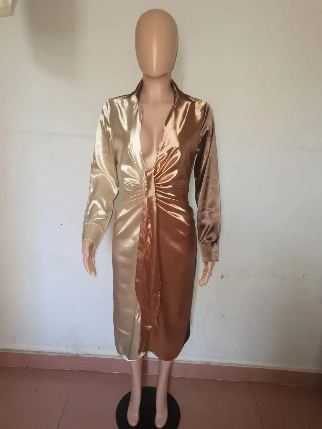 Women's Sexy Solid Color Patchwork Lace-Up V-Neck Long Sleeve Dress 5 Women's Sexy Solid Color Patchwork Lace-Up V-Neck Long Sleeve Dress - Image 3