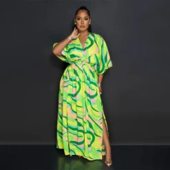 Womens Green Multicolor Vintage Print Double Slit Maxi Dress -Women Fashion Shop b603b793c17645af