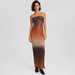 Autumn Women's Sexy Strapless Low Back Gradient Color Slim Long Dress -Women Fashion Shop b637c455b9233a23