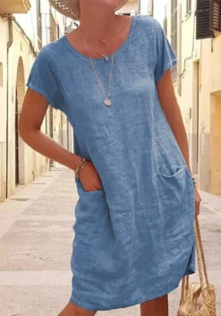 Women Summer Loose Pocket Short Sleeve Round Neck Linen Dress -Women Fashion Shop b74a52ecb4554b11