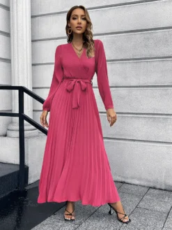 Women Autumn V-Neck Long Sleeve Pleated Maxi Dress -Women Fashion Shop b7716b4d2c9bef00