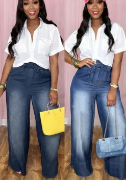 Women Casual Lace Wide Leg Denim Pants With Belt -Women Fashion Shop b7a89ba71665e18b